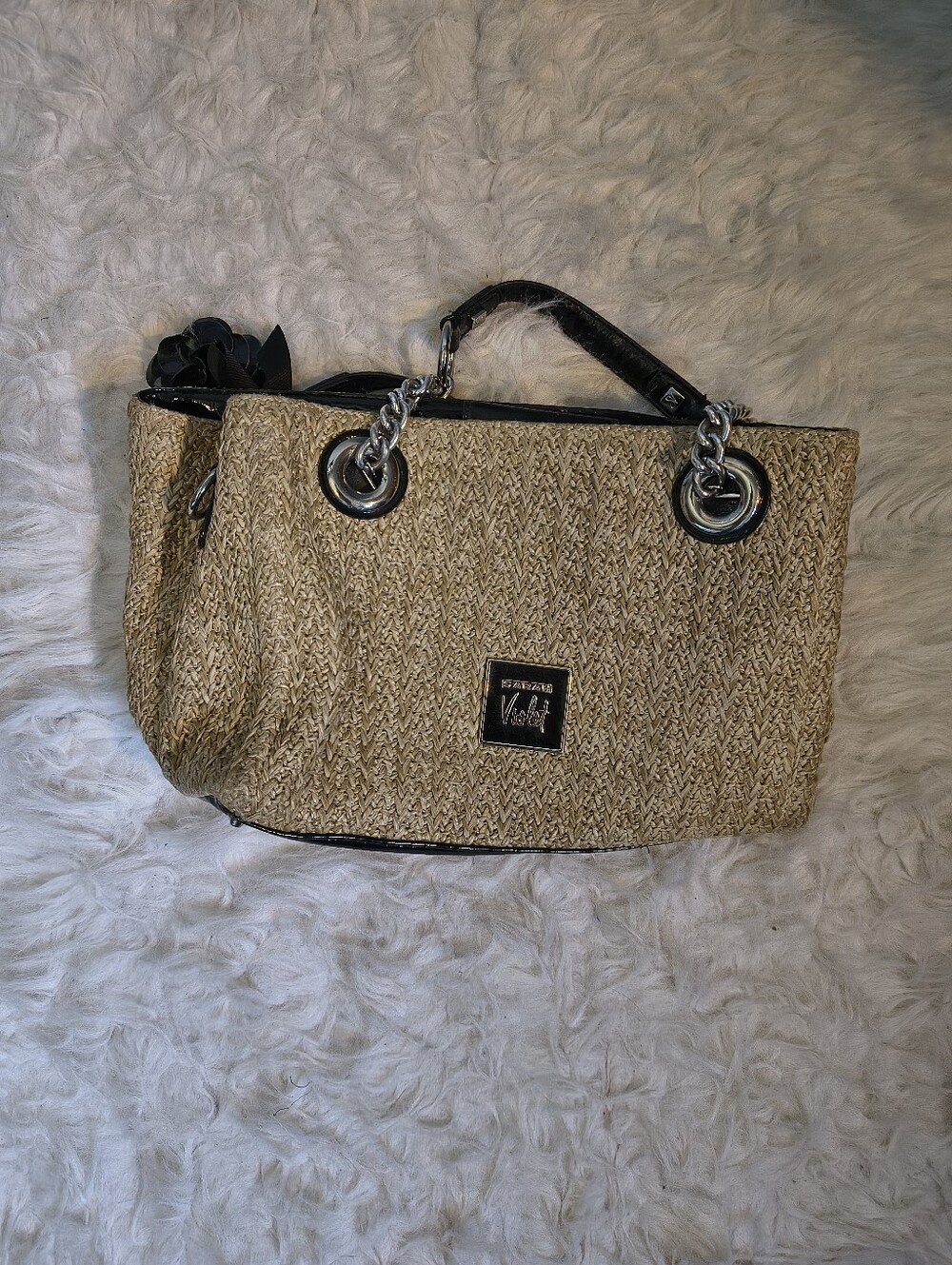 SARAH Violet Woven Tote Bag with Patent Leather Trim